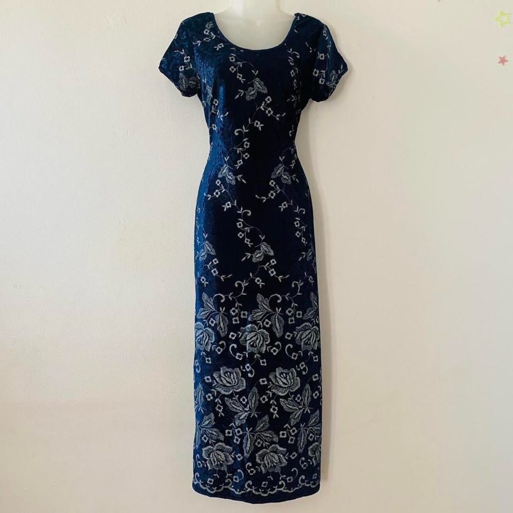 VINTAGE 90s NAVY BLUR FLORAL ROSE  VELOUR MAXI DRESS GOWN